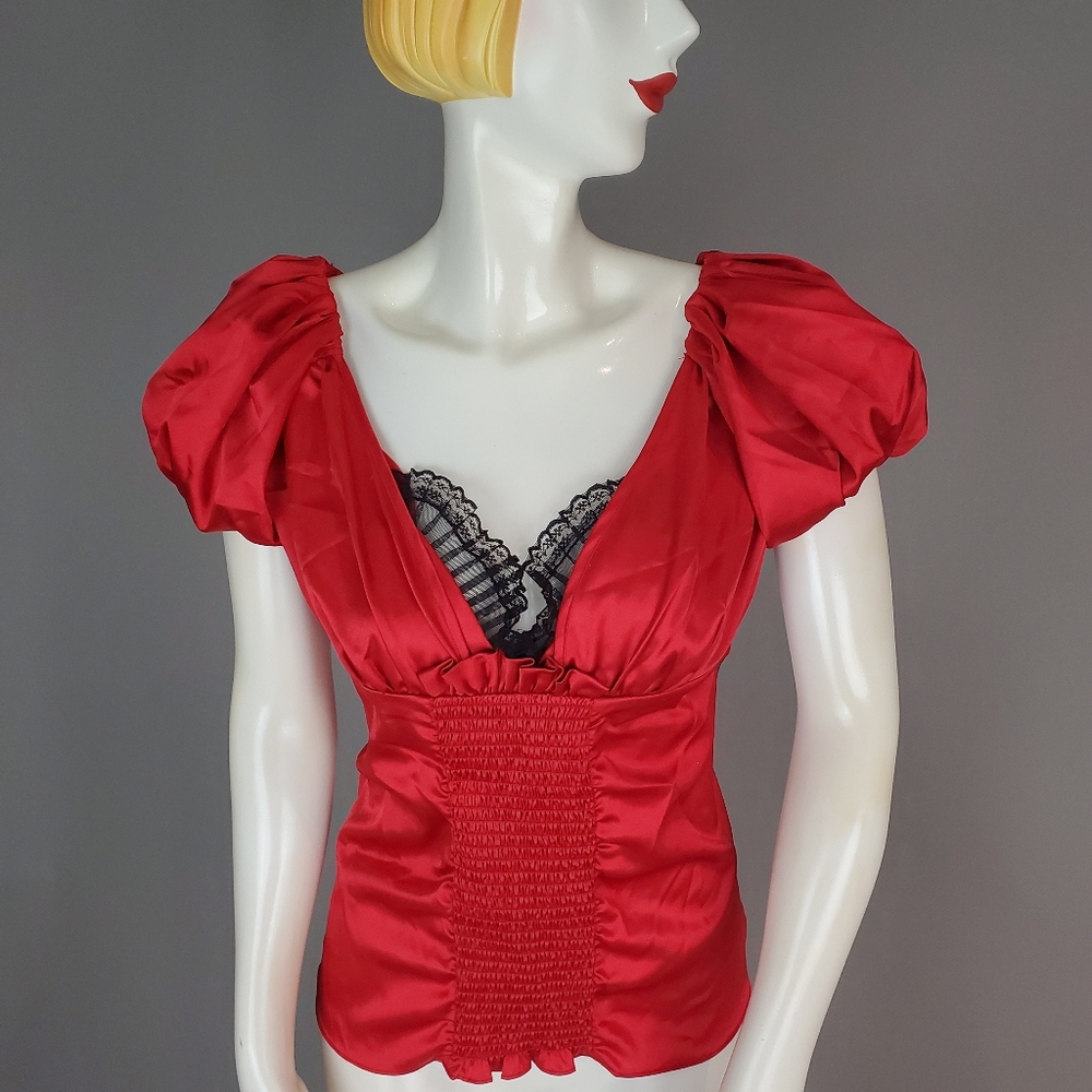 ARDEN B Red Satin Puff Sleeve Blouse with Lace NWT